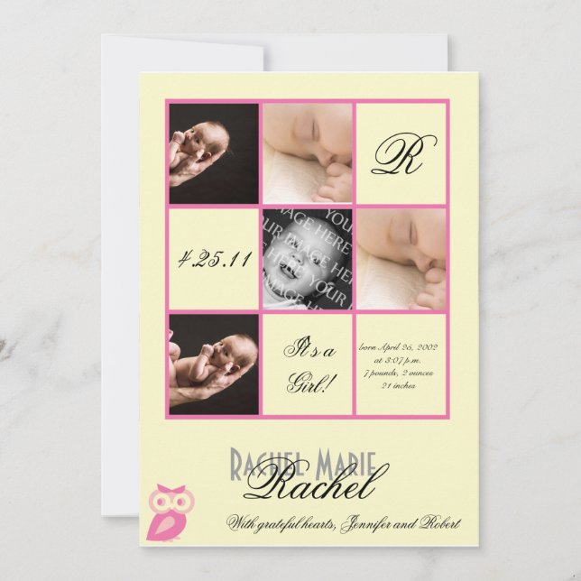 Carrés précieux en rose Photo Faire-part bébé (Devant)