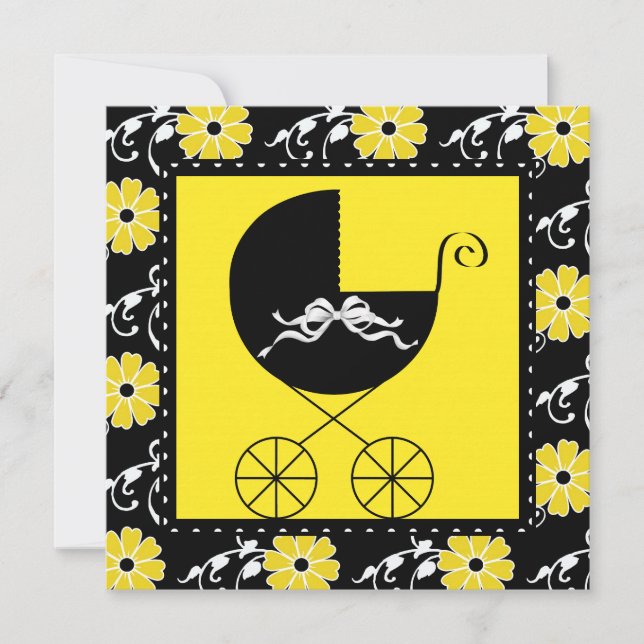 Carriage Black Yellow Baby Shower Invitations (Devant)