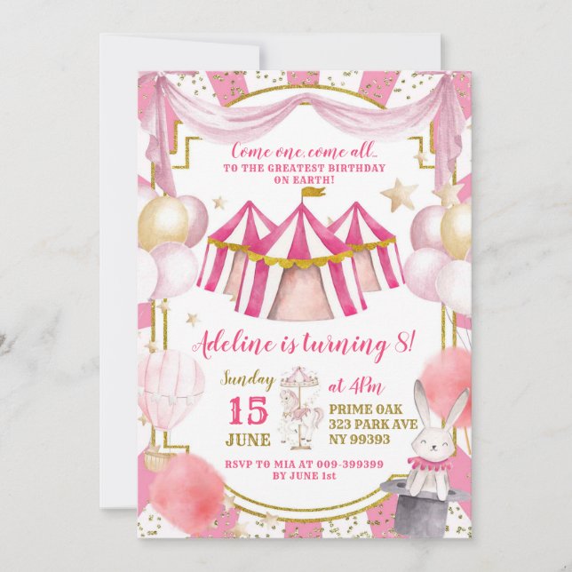 Carrousel rose et or Invitation d'anniversaire (Devant)