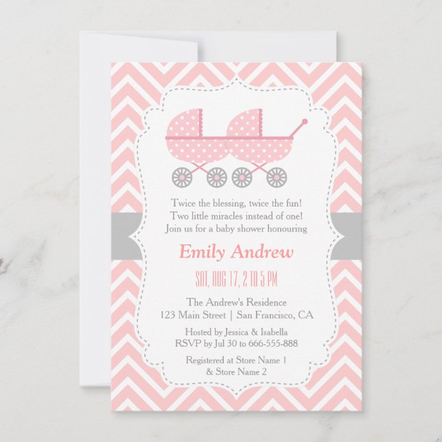 Cart Twins Invitations Fille Baby Shower (Devant)