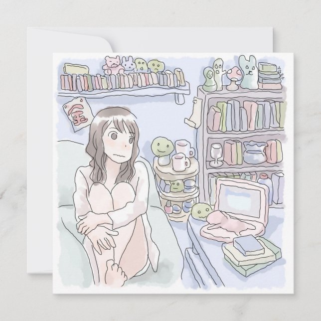 CARTE さにさむじ　青いお部屋でソファに座ってぼんやりする女性のイラスト (Devant)