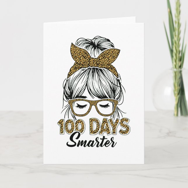 Carte 100 Days Smarter Teacher Leopard Print Bow School (Devant)