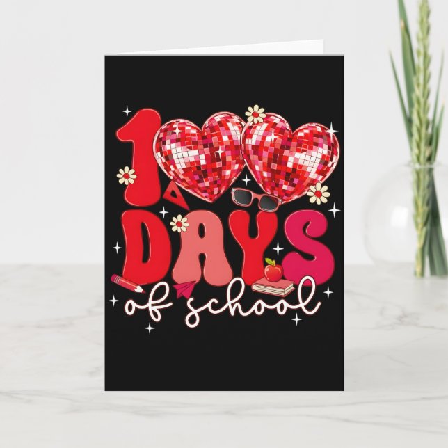 Carte 100 Jours d'École Cœur Disco Style Enseignant roug (Devant)