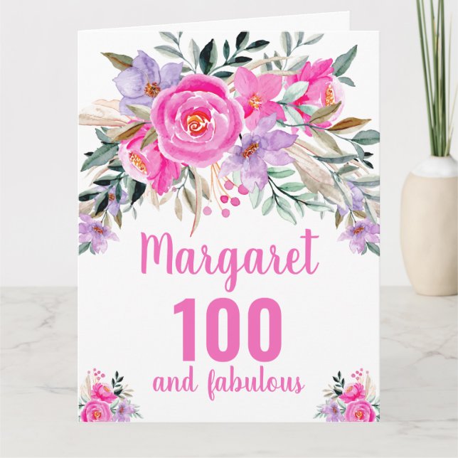 Carte 100e anniversaire aquarelle rose florale  (Devant)