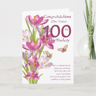 Carte 100e anniversaire Crocus rose et papillon