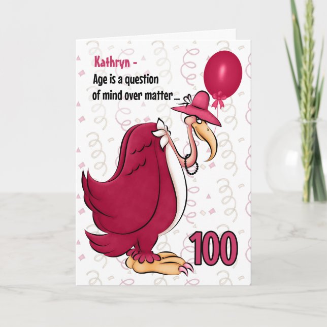 Carte 100e Anniversaire drôle Buzzard rose avec nom (Devant)