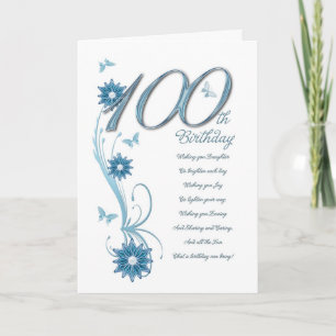 Carte 100e anniversaire en turquoise avec fleurs et beur