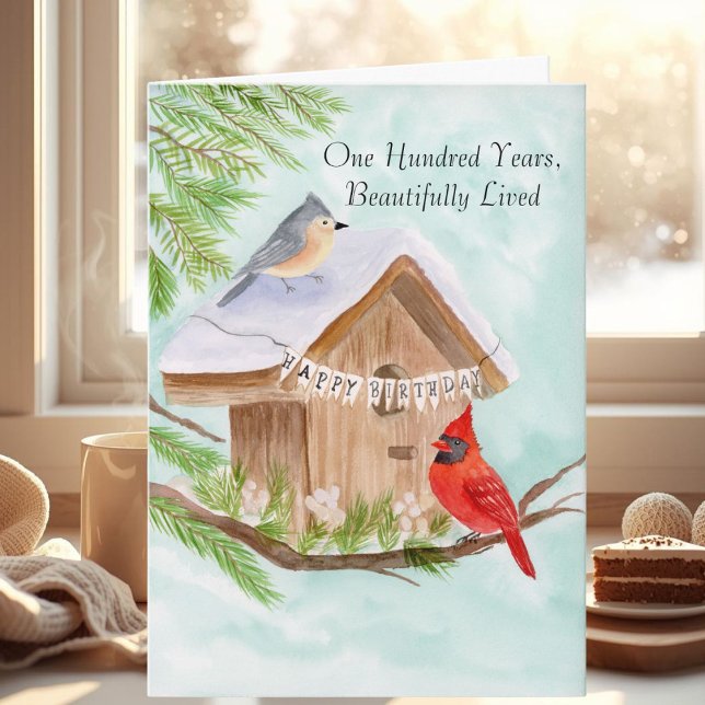 Carte 100e Joyeux Anniversaire Oiseaux à la Maison (Créateur téléchargé)
