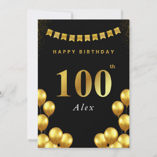 Carte 100th Birthday Card Black and Gold Balloons