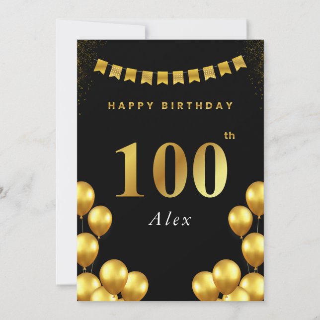 Carte 100th Birthday Card Black and Gold Balloons (Devant)