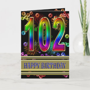 Carte 102e anniversaire avec bulles arc-en-ciel et feux 