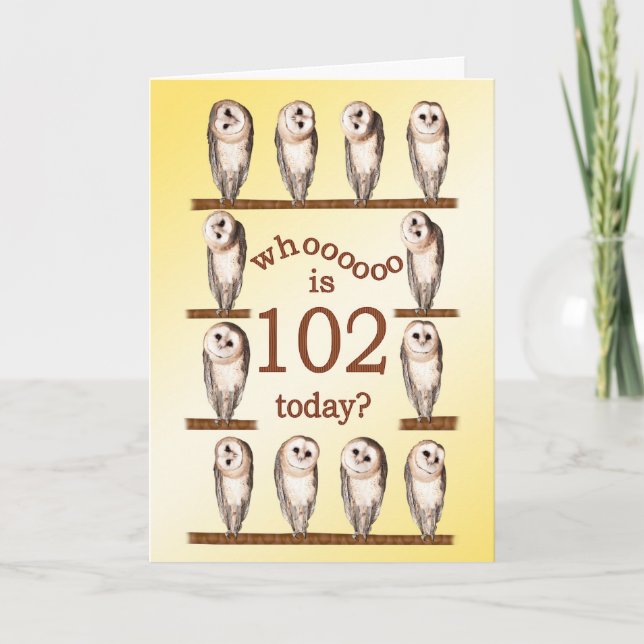 Carte 102e anniversaire, Curious owls card. (Devant)
