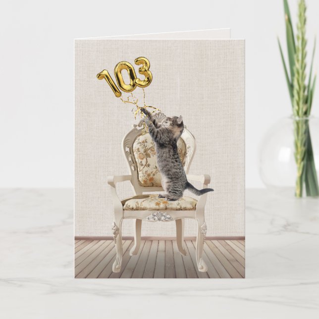 Carte 103e anniversaire Ballons et Tabby Cat (Devant)