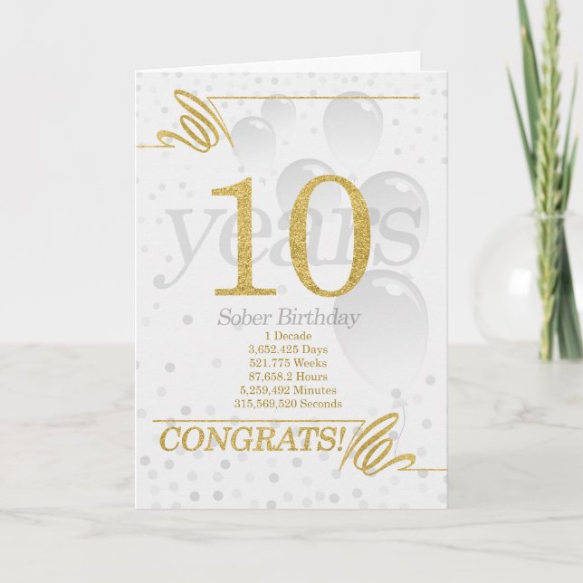 Carte 10 ans Sober Anniversaire Faux Gold Parties scinti (Devant)