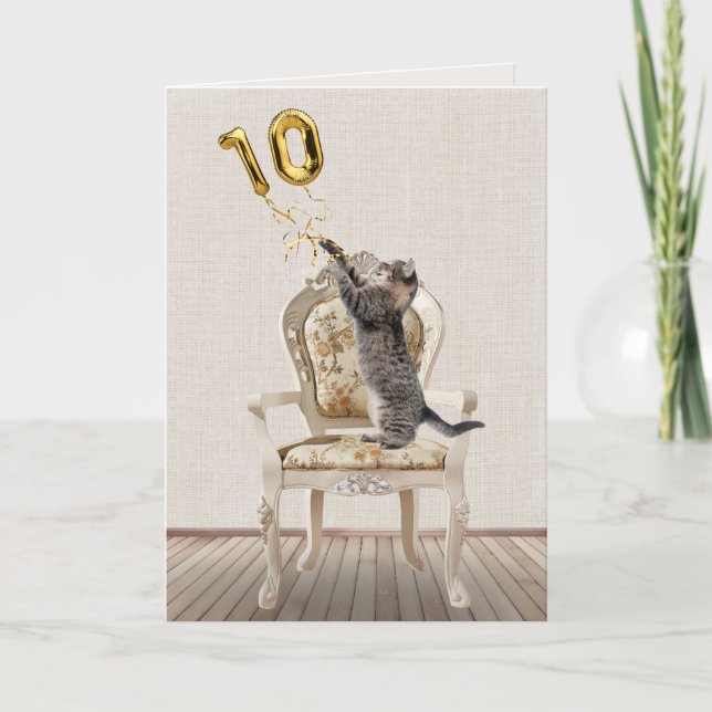 Carte 10e anniversaire Ballons et Tabby Cat (Devant)