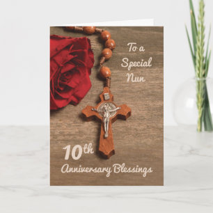 Carte 10e anniversaire de la Nun Rose rouge et Rosaire