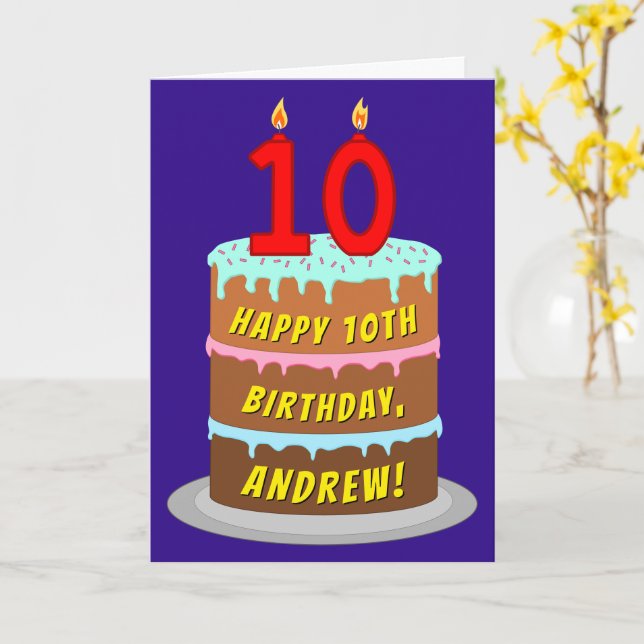 Carte 10e anniversaire : Fun Cake and Candles + Nom pers (Fleur jaune)