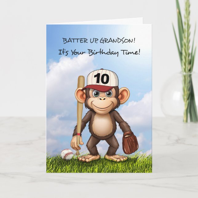 Carte 10e anniversaire Grand-fils Baseball Monkey Bat Ba (Devant)