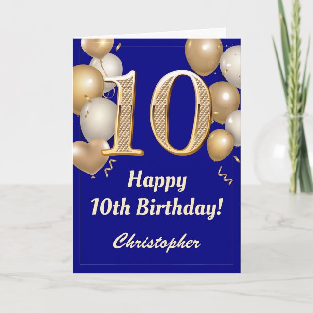 Carte 10e anniversaire Marine Bleu et Ballons d'or Confe (Devant)
