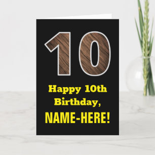 Carte 10e anniversaire : Nom, Motif Faux Wood Grain "10"