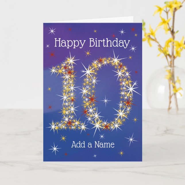 Carte 10e anniversaire - Numéro 10 étoiles - Bleu - Âge  (Fleur jaune)