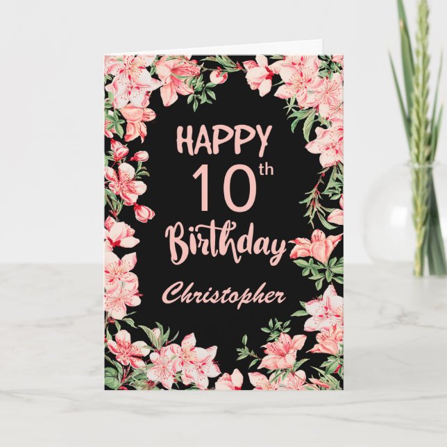Carte 10e anniversaire Peach rose aquarelle Floral Noir (Devant)