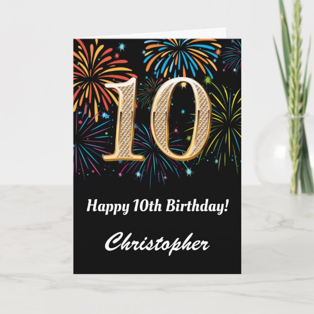 Carte 10e anniversaire Rainbow Fireworks noir et or (Devant)