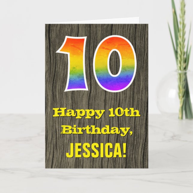 Carte 10e anniversaire : Rustic Faux Wood Look, Rainbow  (Devant)