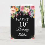 Carte 10e Birthday Watercolor Floral Flowers Black Card<br><div class="desc">10e Birthday Watercolor Floral Flowers Black Card with personalized name and age. For further customization,  please click the "Customize it" button and use our design tool to modify this template.</div>