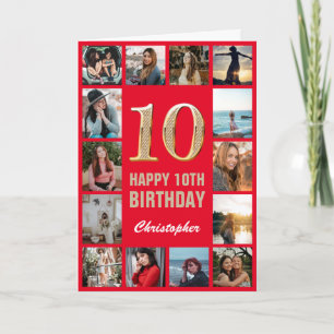 Carte 10e Joyeux Anniversaire Rouge et or Collage photo