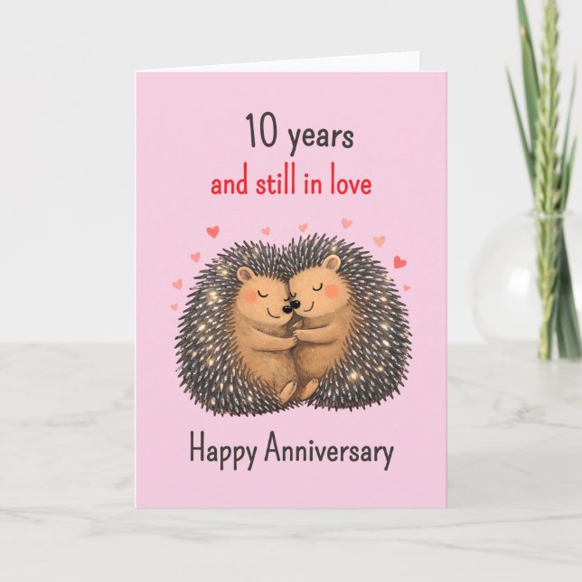 Carte 10th wedding anniversary Hedgehogs cuddling (Devant)