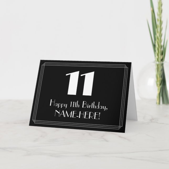 Carte 11e anniversaire ~ Art Déco Inspiré Look "11", Nom (Devant)