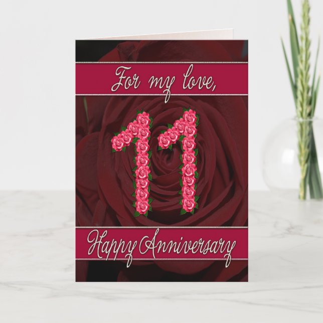 Carte 11e anniversaire avec roses et feuilles (Devant)