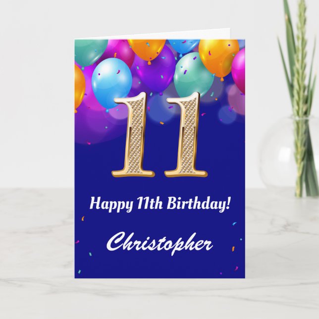 Carte 11e anniversaire Ballons bleu et or couleur marine (Devant)