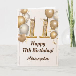 Carte 11e anniversaire Ballons d'or et Confetti Annivers