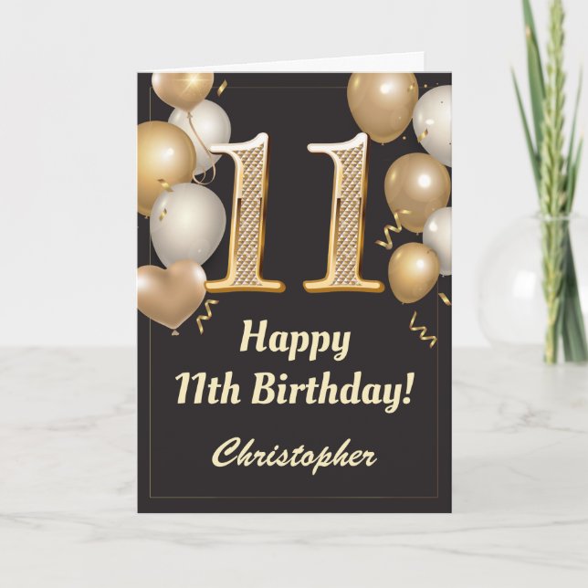 Carte 11e anniversaire Ballons Noir et Or Confetti (Devant)