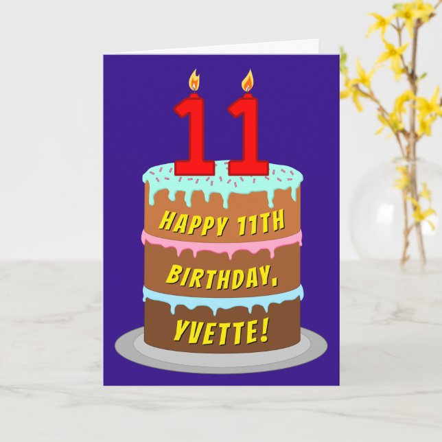 Carte 11e anniversaire : Fun Cake and Candles + Nom pers (Fleur jaune)