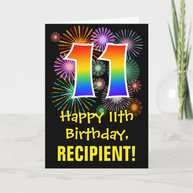 Carte 11e anniversaire : Fun Motif Fireworks + Rainbow 1 (Devant)