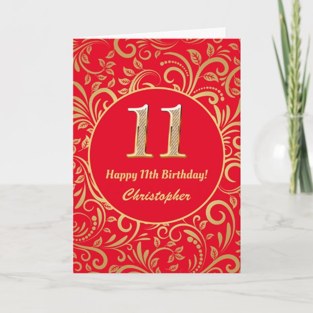 Carte 11e anniversaire Motif Floral rouge et or (Devant)