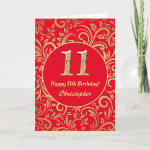 Carte 11e anniversaire Motif Floral rouge et or