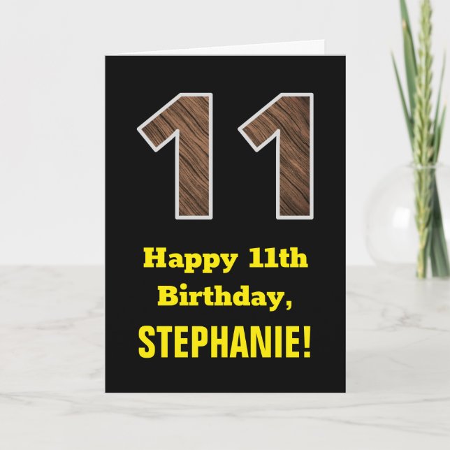 Carte 11e anniversaire : Nom, motif grain de bois factic (Devant)