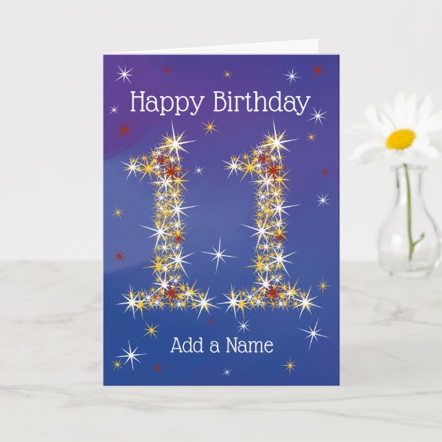 Carte 11e anniversaire - Numéro 11 en étoiles - Bleu - Â (Petite plante)