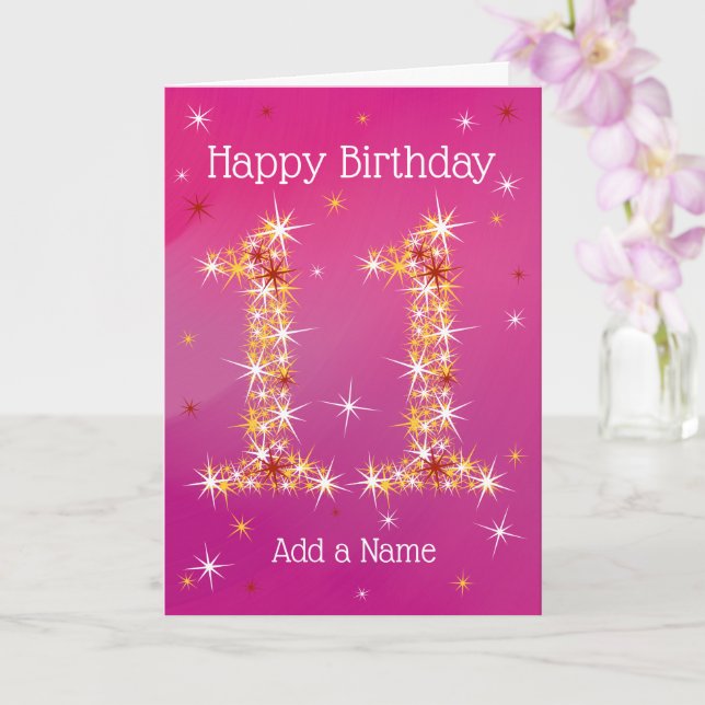 Carte 11e anniversaire - Numéro 11 en étoiles - Rose - A (Orchidée)