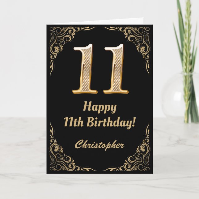 Carte 11e anniversaire Parties scintillant noir et or ca (Devant)