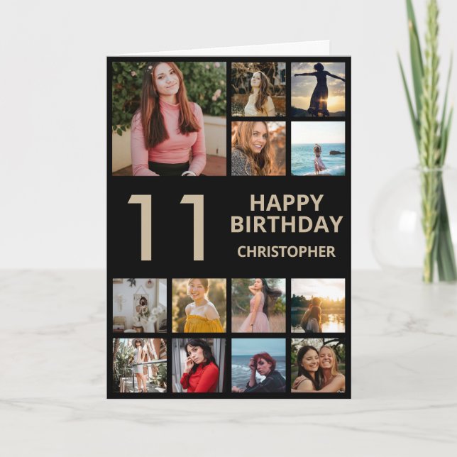 Carte 11e anniversaire Photo Collage 13 Photos Black & G (Devant)