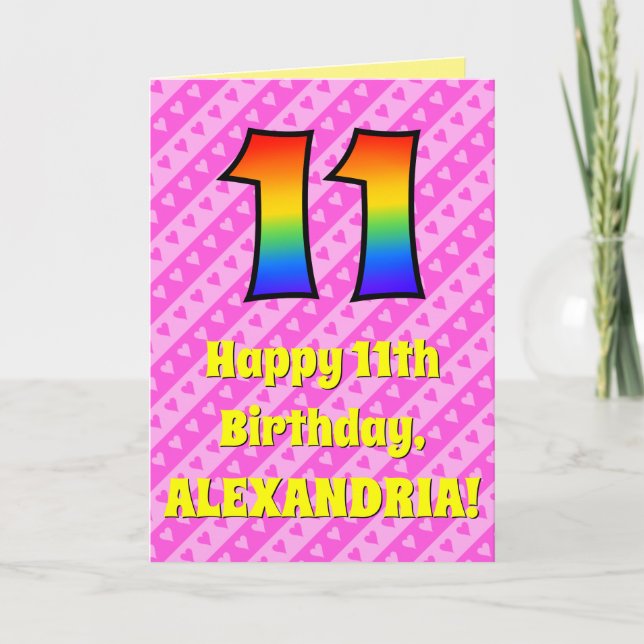 Carte 11e anniversaire : Pink Stripes & Hearts, Arc-en-c (Devant)