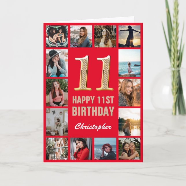 Carte 11e Joyeux Anniversaire Collage photo rouge et or (Devant)