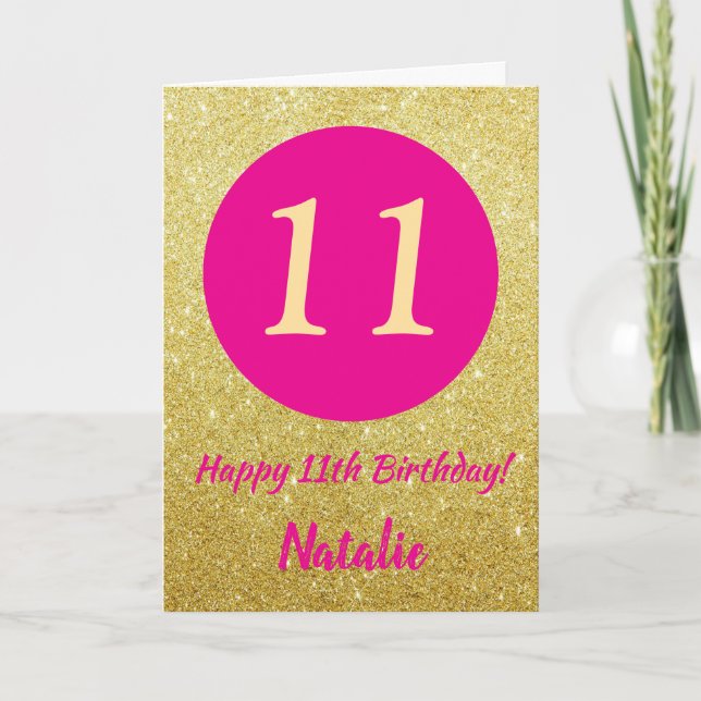 Carte 11e Joyeux anniversaire Hot rose et Parties scinti (Devant)
