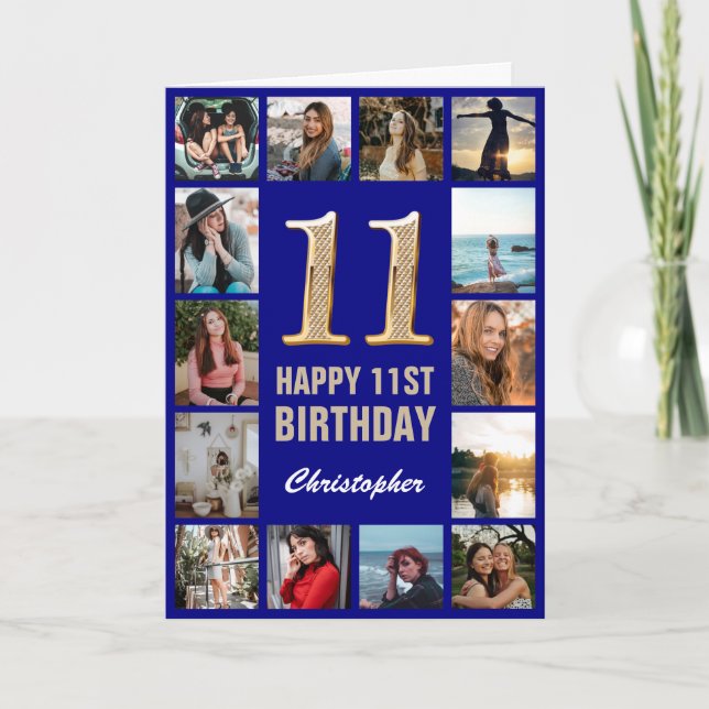 Carte 11e Joyeux Anniversaire Marine Bleu & Gold Photo C (Devant)