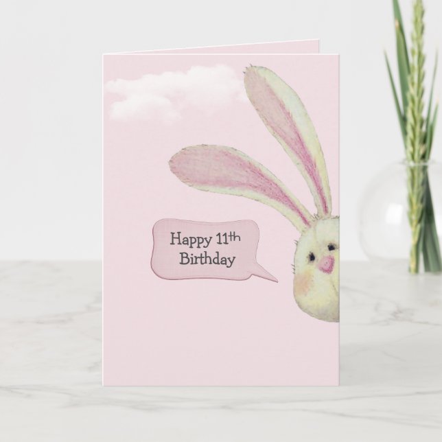Carte 11ème Anniversaire Lapin Sur Rose (Devant)